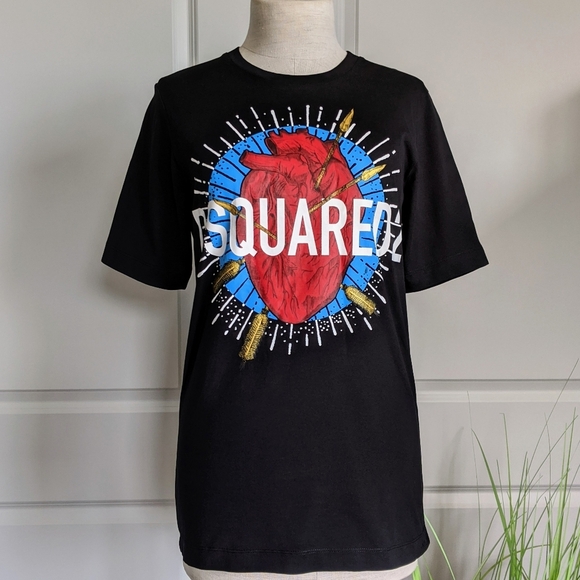 DSQUARED2 Tee Anatomical Heart Graphics Short Sleeve Rounded Collar Black M NWT - Picture 1 of 16